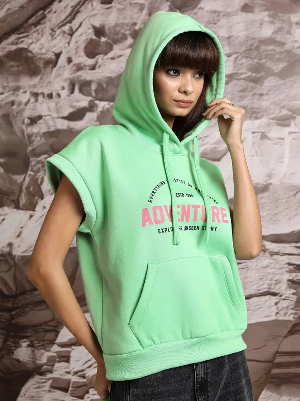  Tokyo Talkies Women Green Printed Pullover Hood Sweatshirts