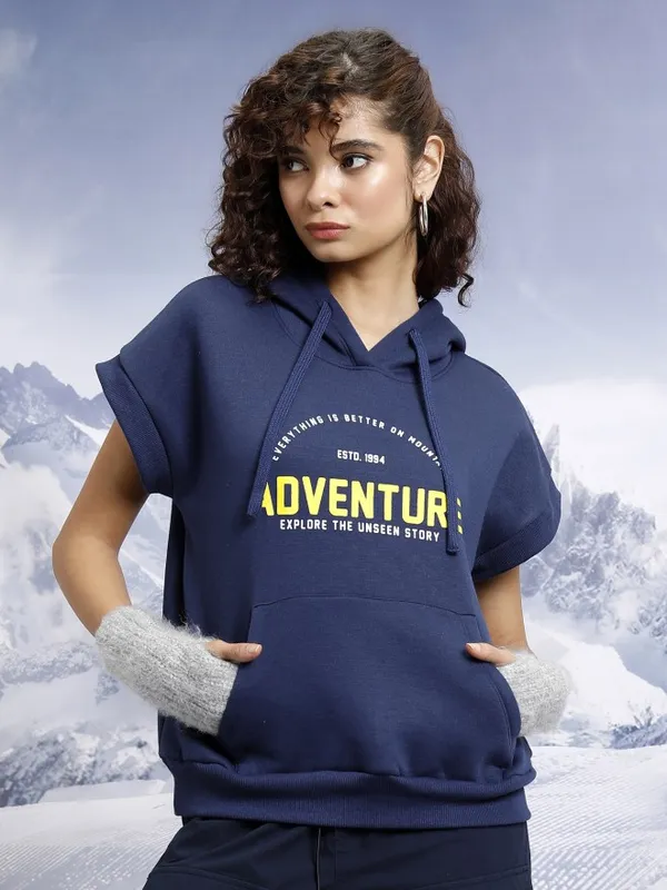  Tokyo Talkies Women Navy Blue Printed Pullover Hood Sweatshirts