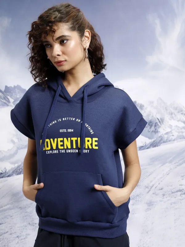  Tokyo Talkies Women Navy Blue Printed Pullover Hood Sweatshirts