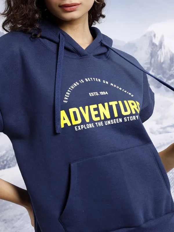  Tokyo Talkies Women Navy Blue Printed Pullover Hood Sweatshirts