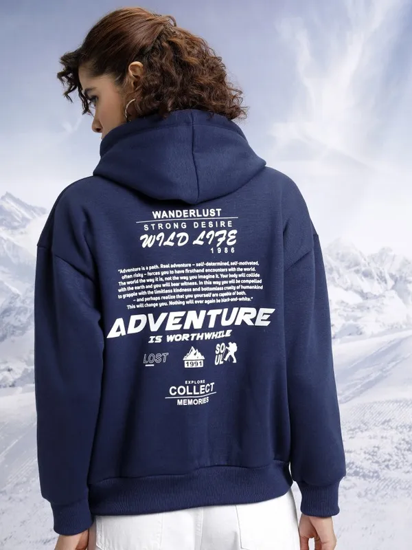  Tokyo Talkies Women Navy Blue Printed Pullover Hood Sweatshirts