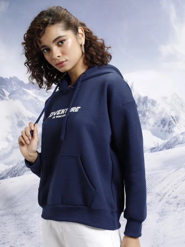  Tokyo Talkies Women Navy Blue Printed Pullover Hood Sweatshirts