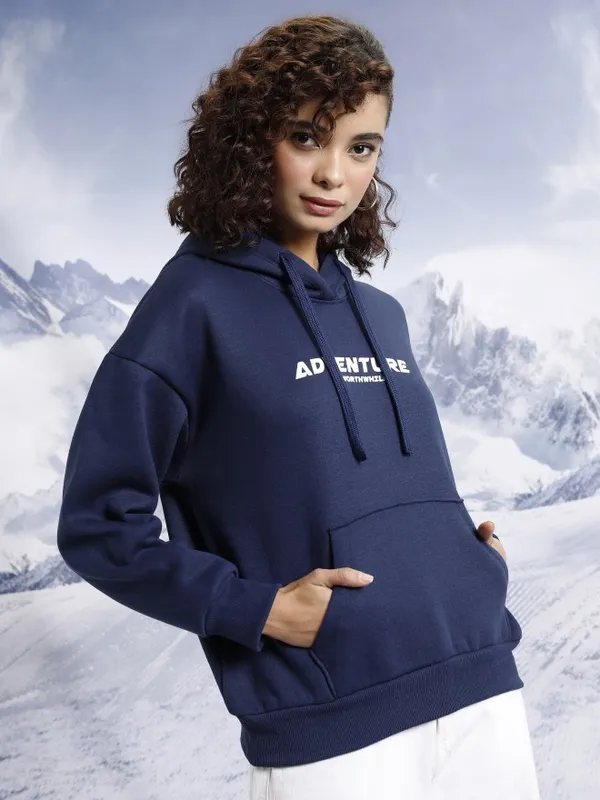  Tokyo Talkies Women Navy Blue Printed Pullover Hood Sweatshirts