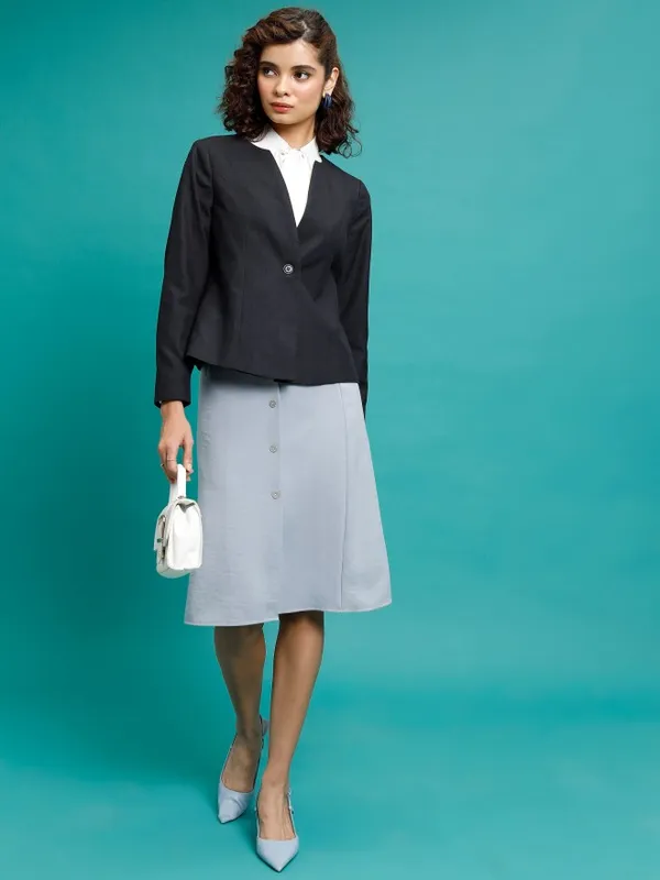 Tokyo Talkies Women Navy Blue Single-Breasted Blazer