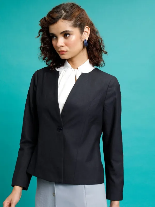 Tokyo Talkies Women Navy Blue Single-Breasted Blazer