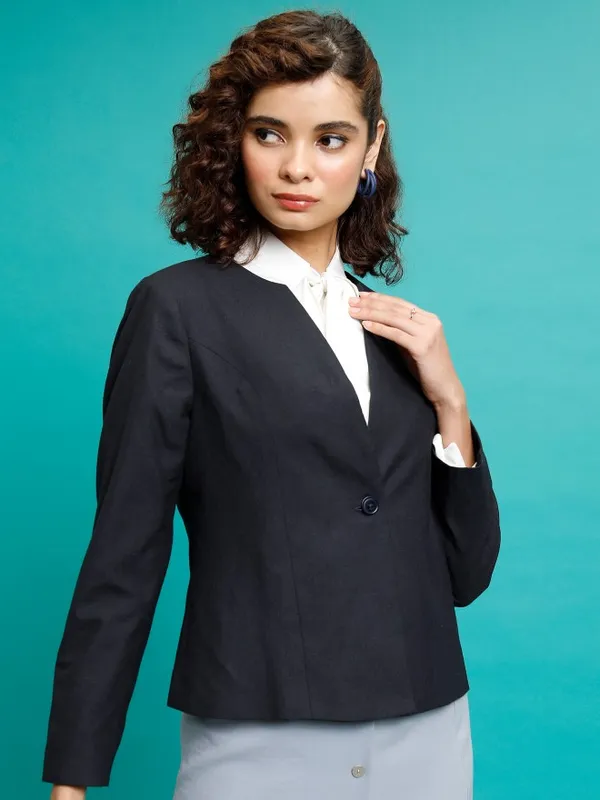 Tokyo Talkies Women Navy Blue Single-Breasted Blazer