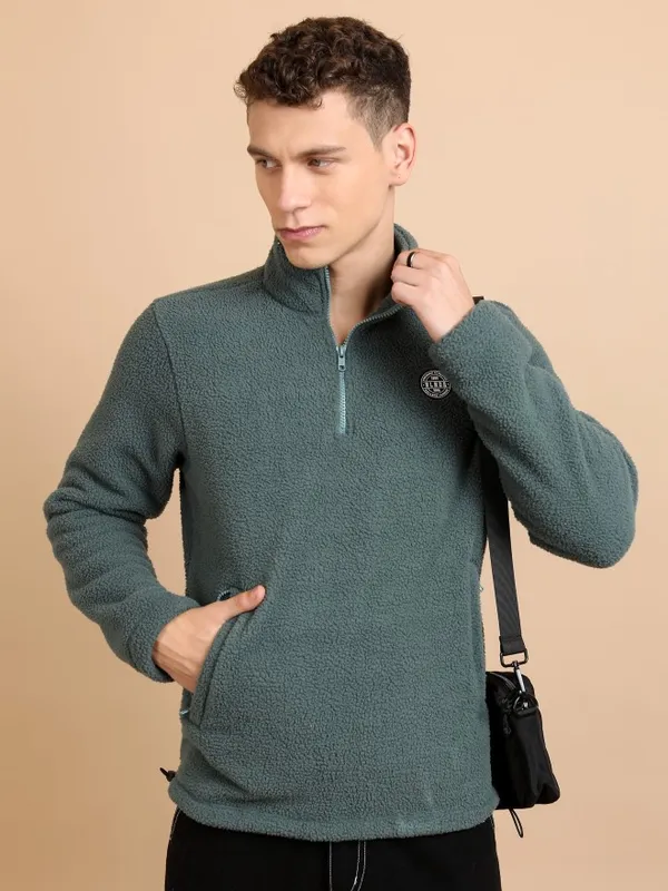  Highlander Men Green High Neck Front-Open Sweatshirts