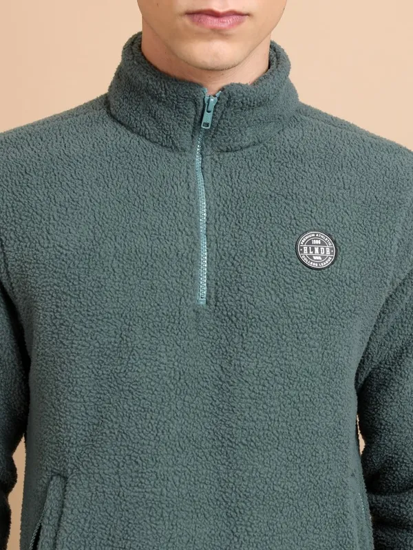  Highlander Men Green High Neck Front-Open Sweatshirts