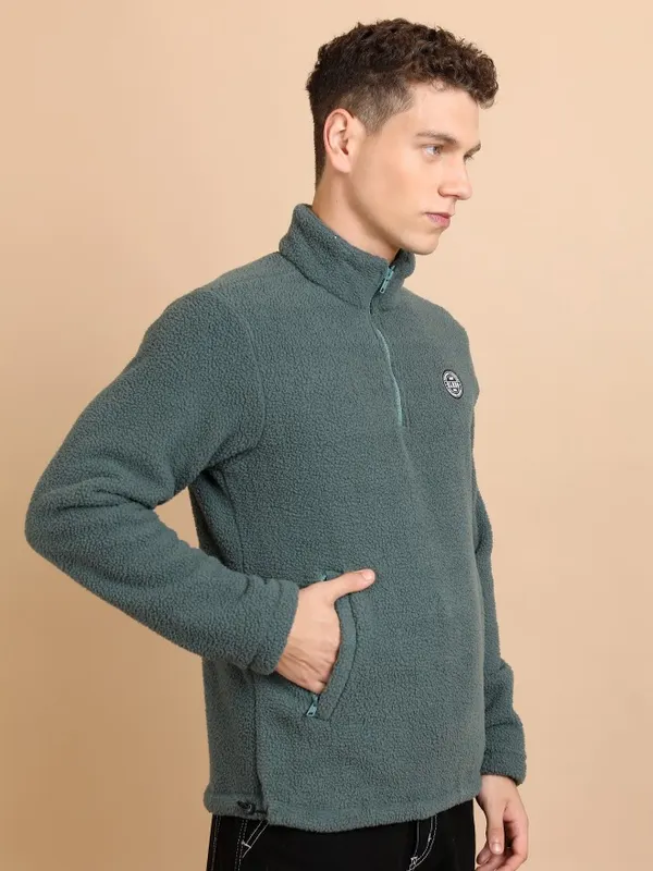  Highlander Men Green High Neck Front-Open Sweatshirts