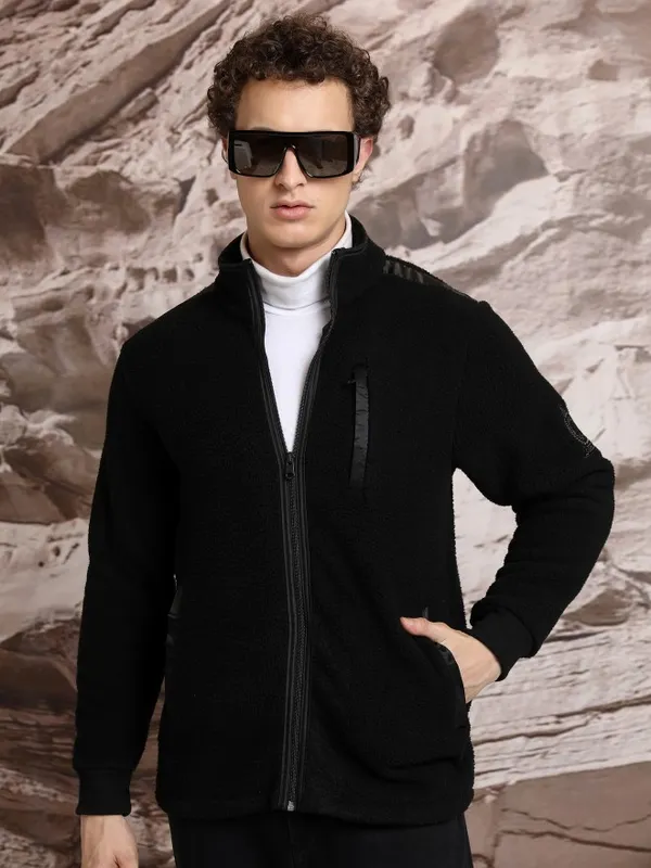  Highlander Men Black High Neck Front-Open Sweatshirts