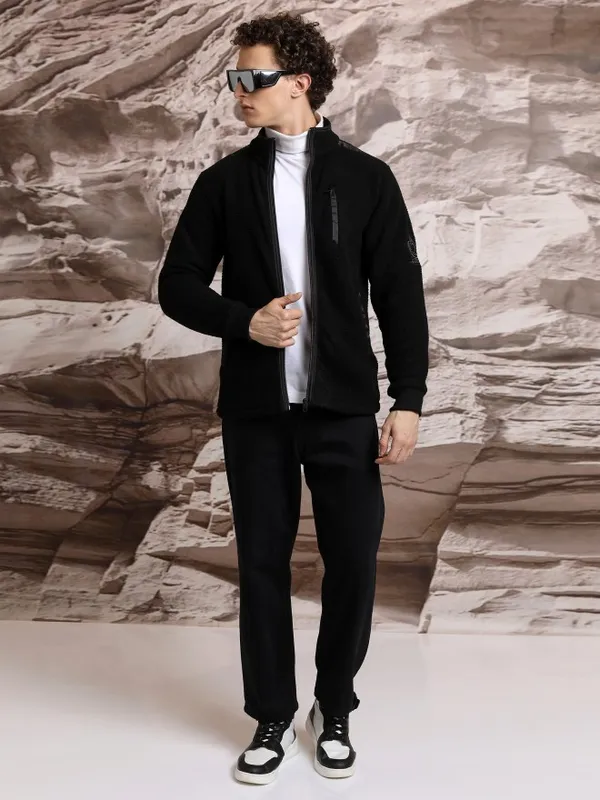 Highlander Men Black High Neck Front-Open Sweatshirts