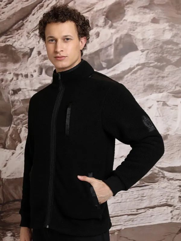  Highlander Men Black High Neck Front-Open Sweatshirts