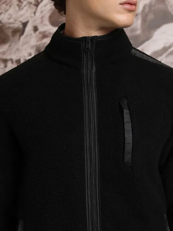  Highlander Men Black High Neck Front-Open Sweatshirts