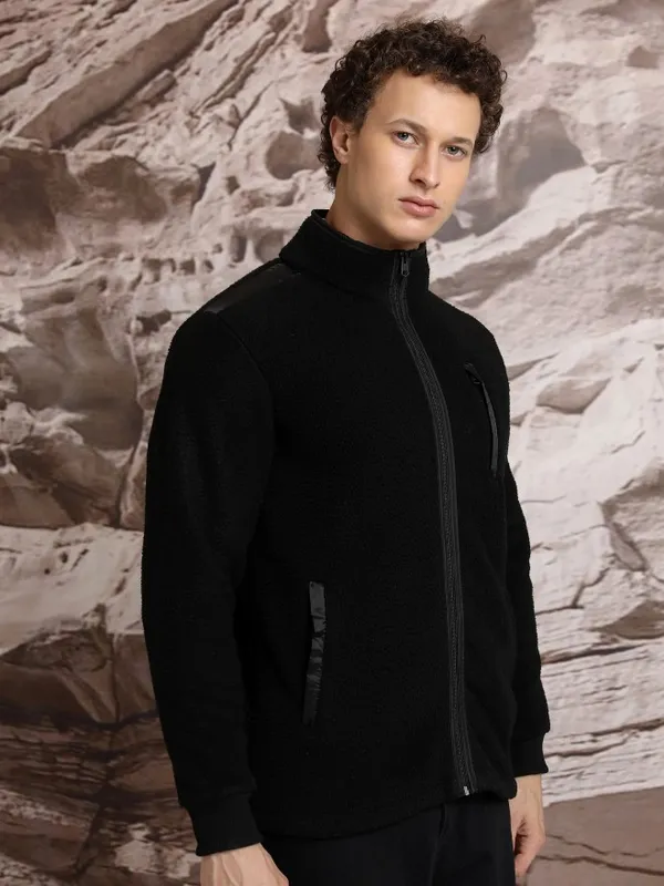  Highlander Men Black High Neck Front-Open Sweatshirts