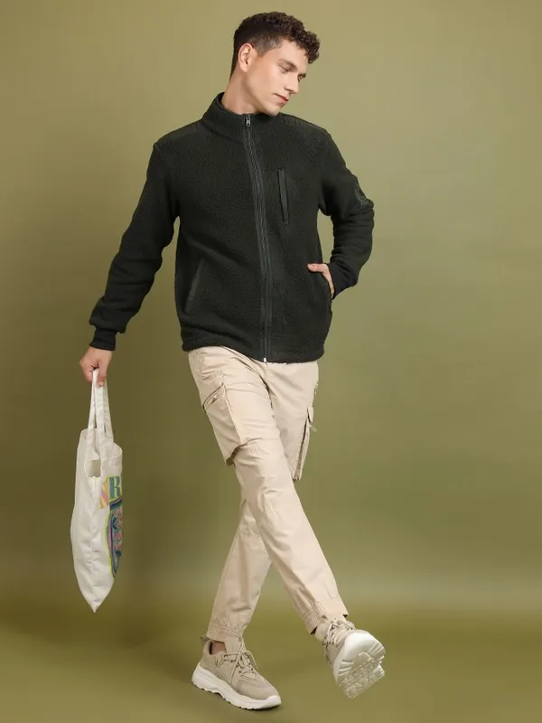 Highlander Men Green High Neck Front-Open Sweatshirts