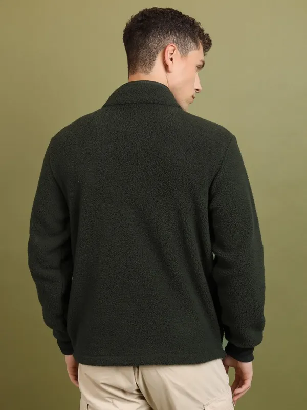  Highlander Men Green High Neck Front-Open Sweatshirts