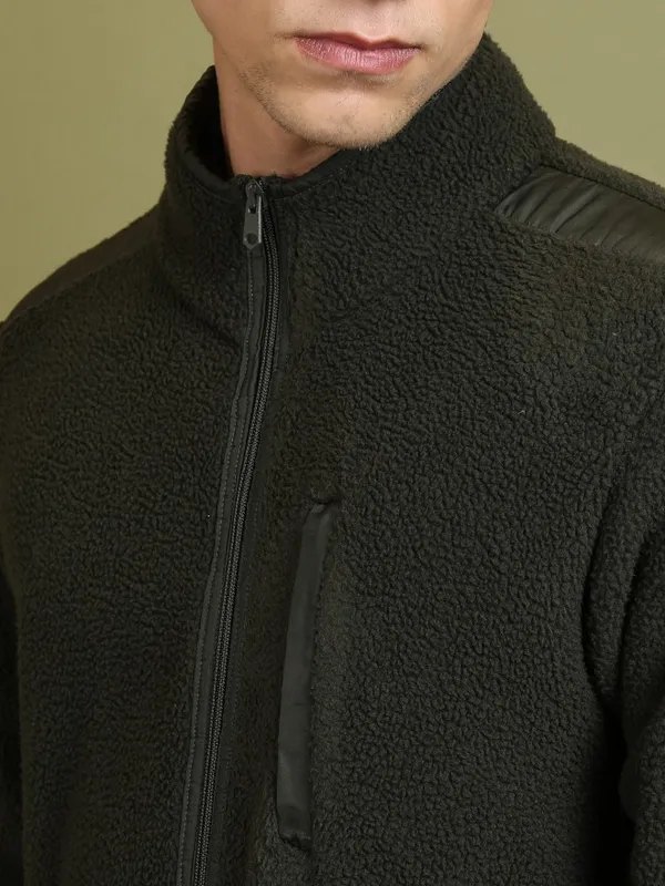  Highlander Men Green High Neck Front-Open Sweatshirts
