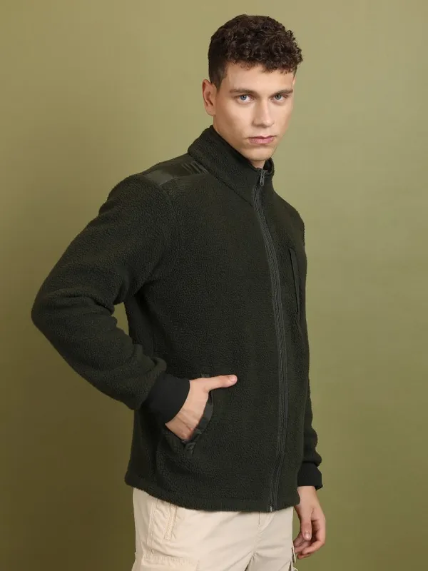  Highlander Men Green High Neck Front-Open Sweatshirts