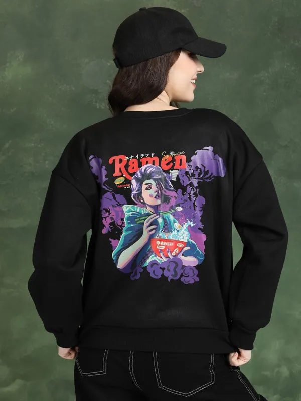  Tokyo Talkies Women Black Printed Pullover Round Neck Sweatshirts