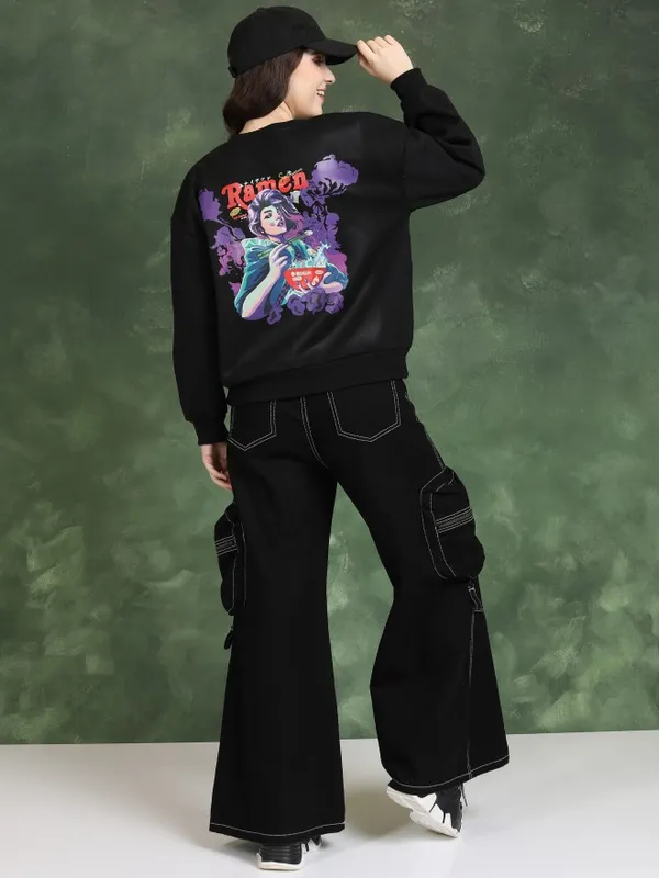  Tokyo Talkies Women Black Printed Pullover Round Neck Sweatshirts