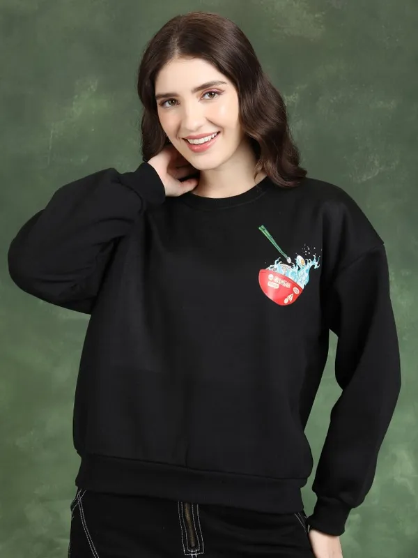  Tokyo Talkies Women Black Printed Pullover Round Neck Sweatshirts