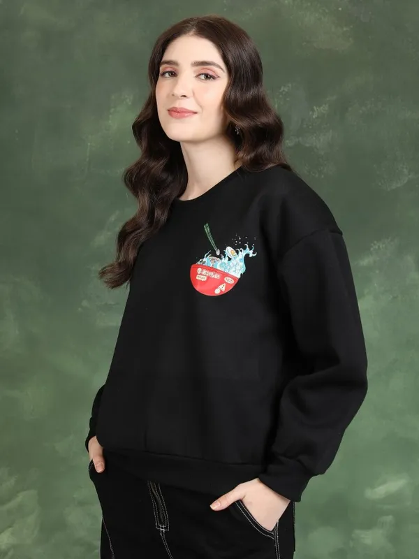  Tokyo Talkies Women Black Printed Pullover Round Neck Sweatshirts