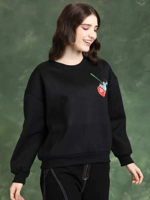  Tokyo Talkies Women Black Printed Pullover Round Neck Sweatshirts