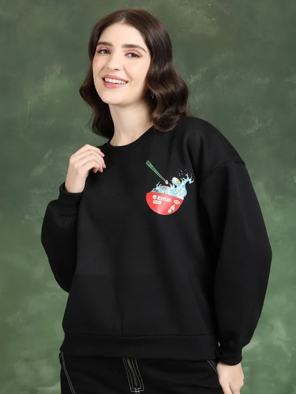  Tokyo Talkies Women Black Printed Pullover Round Neck Sweatshirts