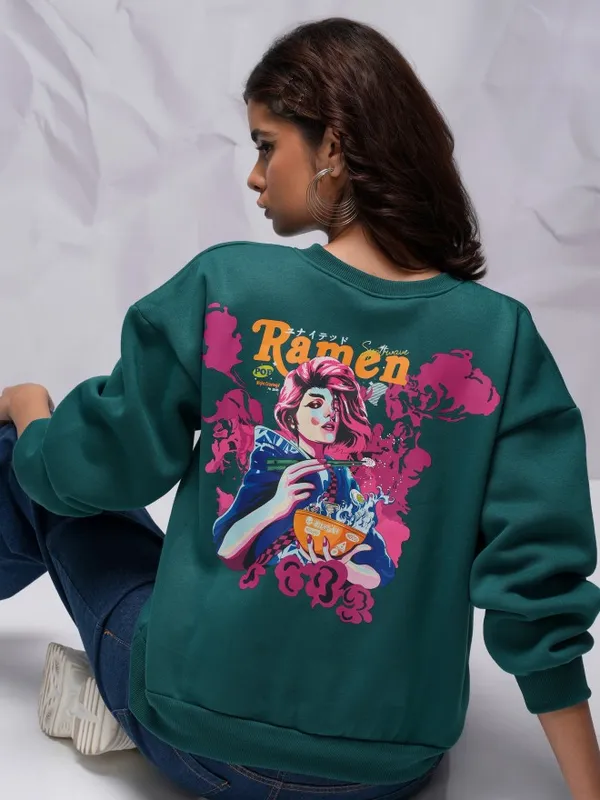  Tokyo Talkies Women Teal Printed Pullover Round Neck Sweatshirts