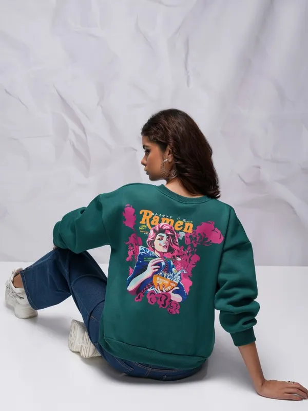  Tokyo Talkies Women Teal Printed Pullover Round Neck Sweatshirts