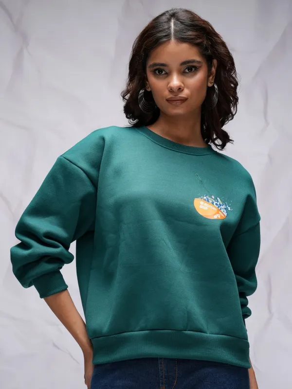  Tokyo Talkies Women Teal Printed Pullover Round Neck Sweatshirts