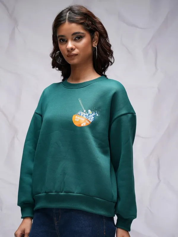  Tokyo Talkies Women Teal Printed Pullover Round Neck Sweatshirts