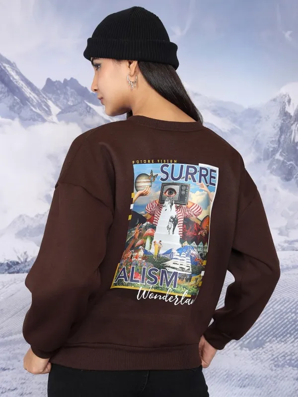  Tokyo Talkies Women Brown Printed Pullover Round Neck Sweatshirts