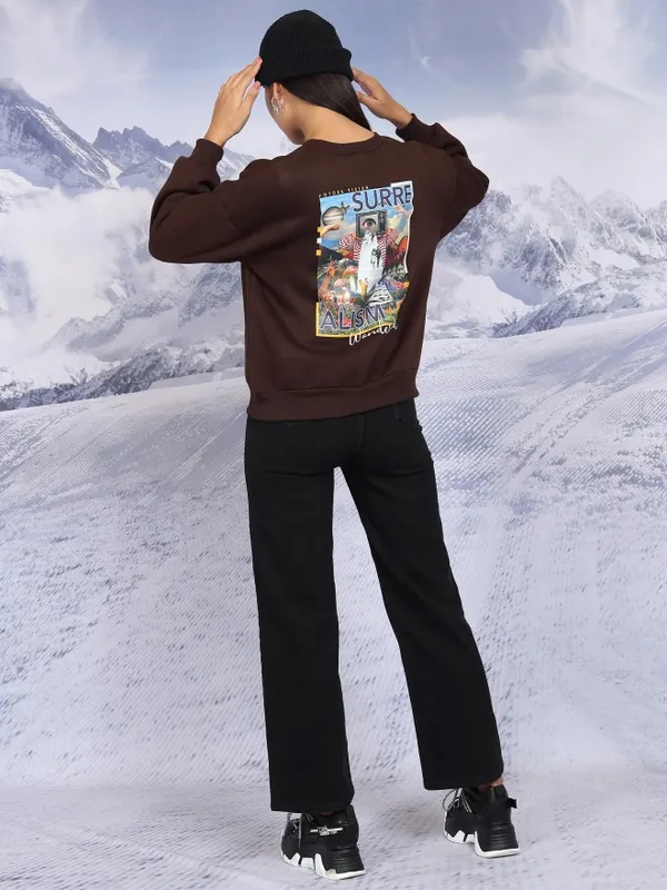  Tokyo Talkies Women Brown Printed Pullover Round Neck Sweatshirts