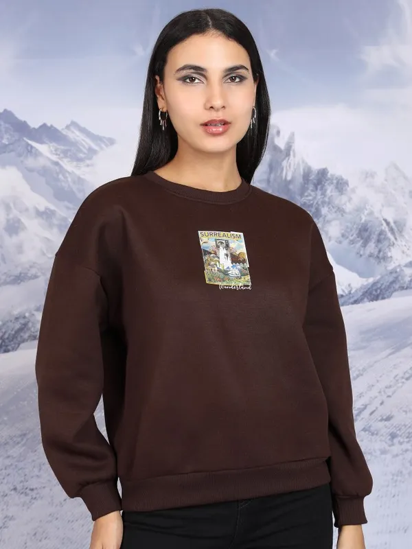  Tokyo Talkies Women Brown Printed Pullover Round Neck Sweatshirts