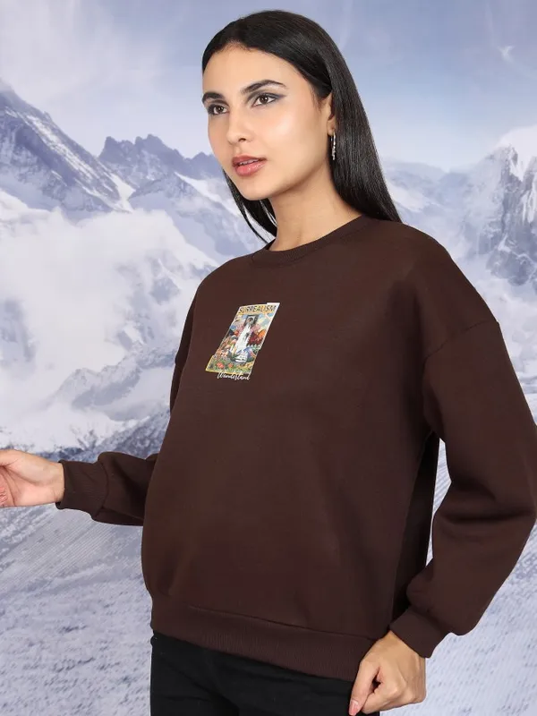  Tokyo Talkies Women Brown Printed Pullover Round Neck Sweatshirts