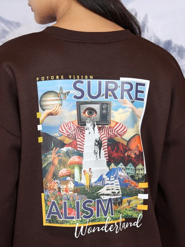  Tokyo Talkies Women Brown Printed Pullover Round Neck Sweatshirts
