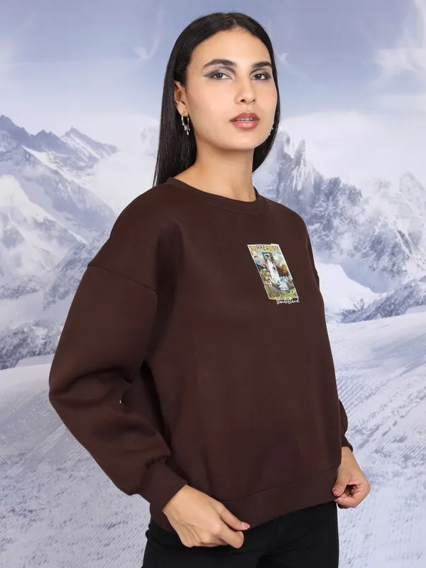  Tokyo Talkies Women Brown Printed Pullover Round Neck Sweatshirts