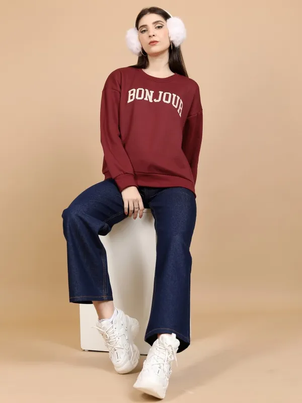  Tokyo Talkies Women Red Printed Pullover Round Neck Sweatshirts