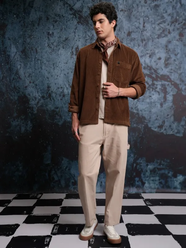 Locomotive Men Brown Solid Oversized Fit Corduroy Casual Shirt