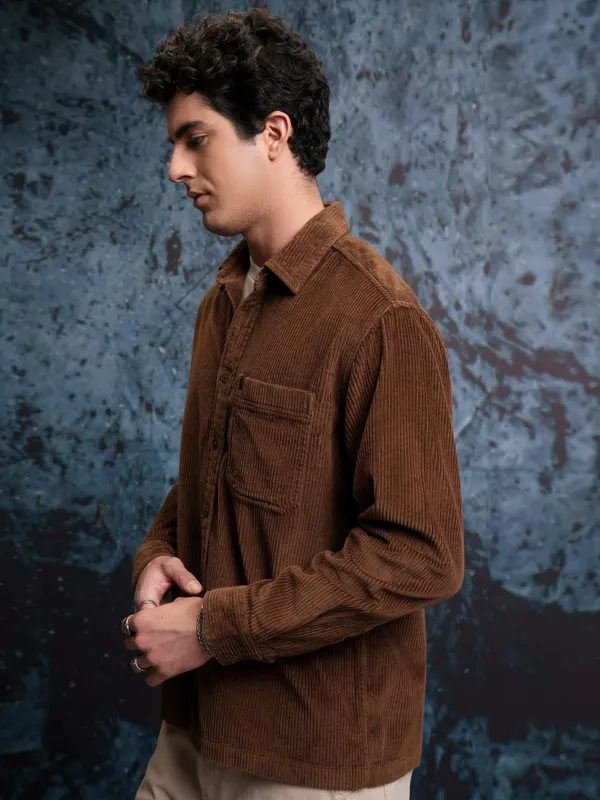 Locomotive Men Brown Solid Oversized Fit Corduroy Casual Shirt