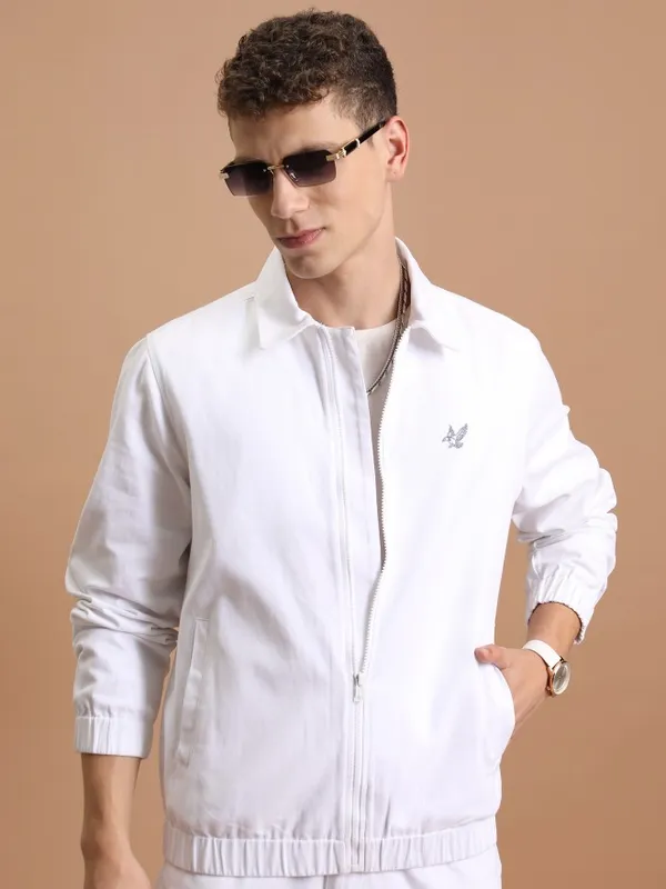 Highlander Men White Solid Denim Jacket
