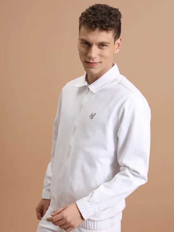 Highlander Men White Solid Denim Jacket