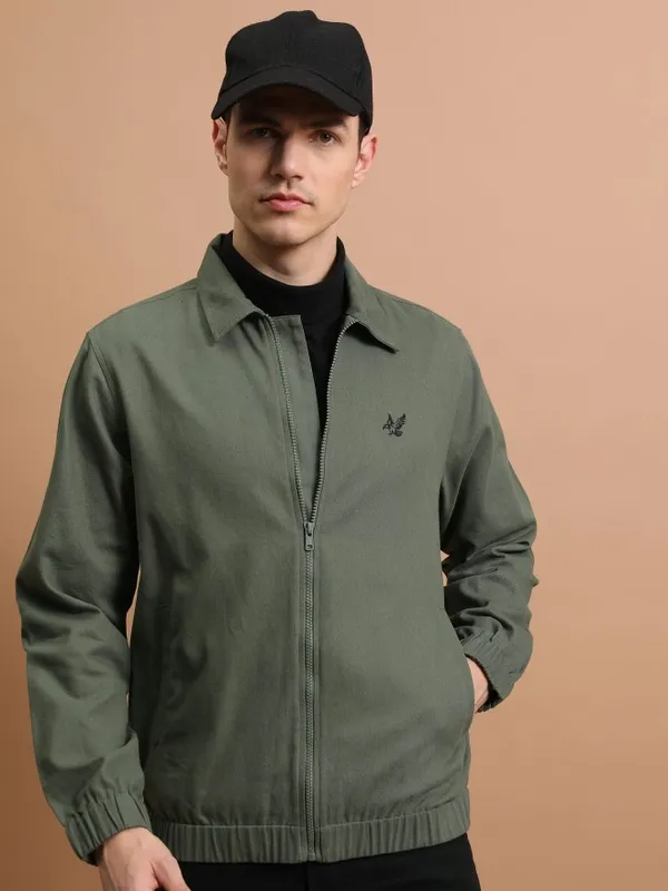Highlander Men Olive Self Design Open Front Jacket