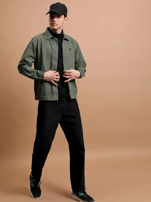 Highlander Men Olive Self Design Open Front Jacket