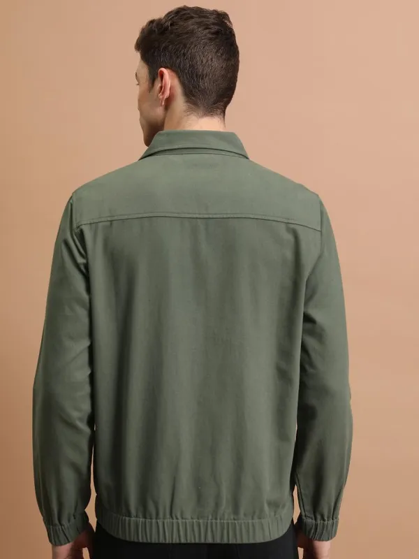 Highlander Men Olive Self Design Open Front Jacket