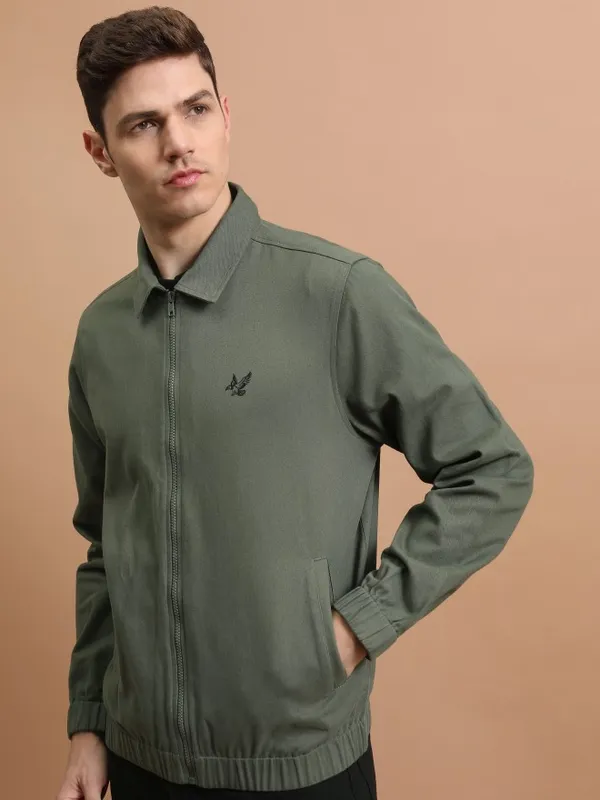Highlander Men Olive Self Design Open Front Jacket