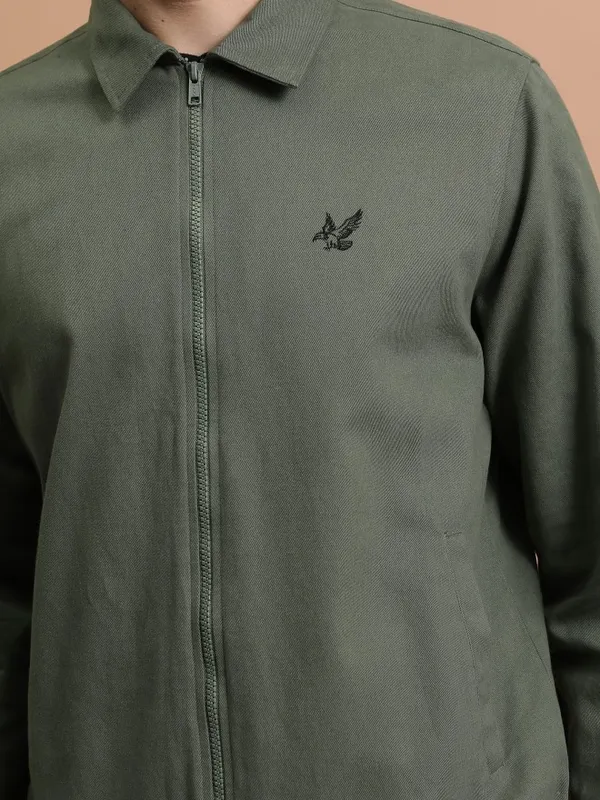 Highlander Men Olive Self Design Open Front Jacket