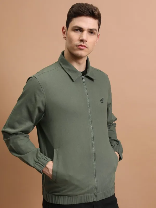 Highlander Men Olive Self Design Open Front Jacket