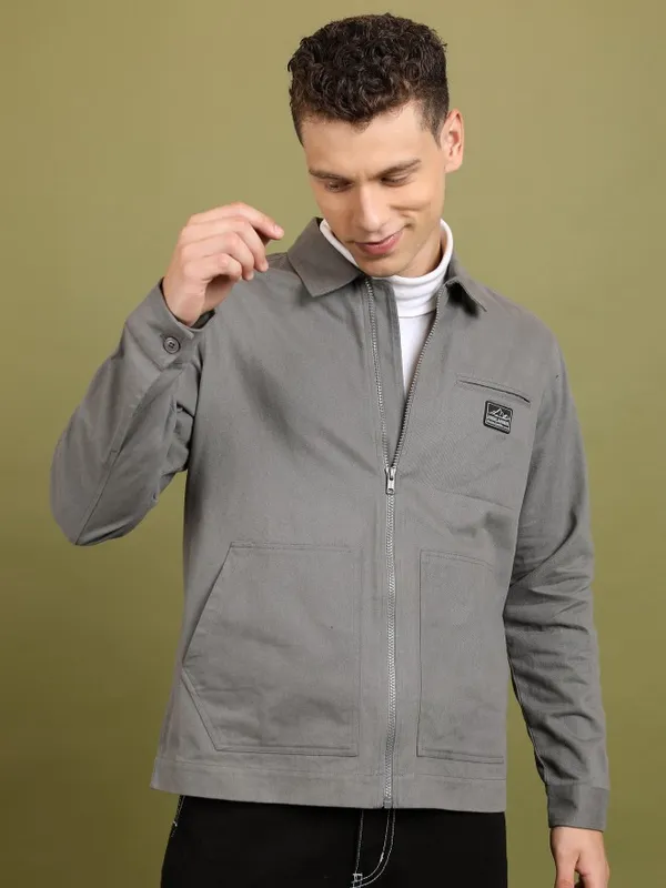 Highlander Men Grey Solid Open Front Jacket